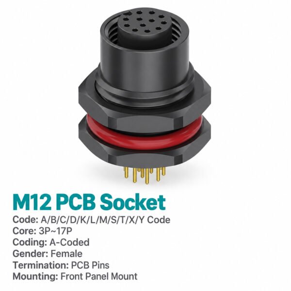 M12 A-Coded Female Plastic PCB Panel Connector, 3–17 Pin for Sensors & Actuators