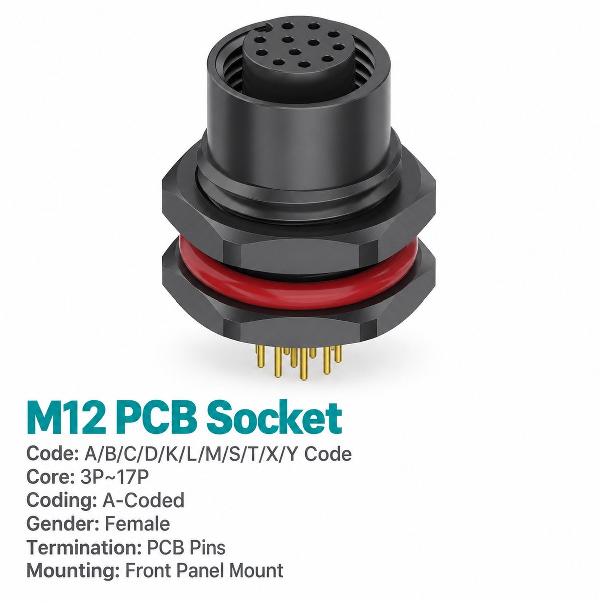 M12 A-Coded Female Plastic PCB Panel Connector, 3–17 Pin for Sensors & Actuators M12 A-Coded Female Plastic PCB Panel Connector, 3–17 Pin for Sensors & Actuators