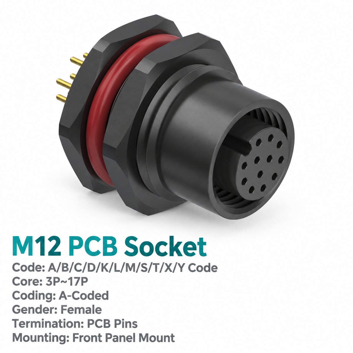 M12 A-Coded Female Plastic PCB Panel Connector, 3–17 Pin for Sensors & Actuators M12 A-Coded Female Plastic PCB Panel Connector, 3–17 Pin for Sensors & Actuators - Image 3