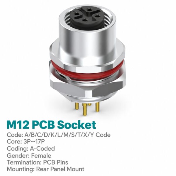 M12 A-Coded Female Rear Mount PCB Socket, 3–17 Pin, Grounded/Ungrounded Options