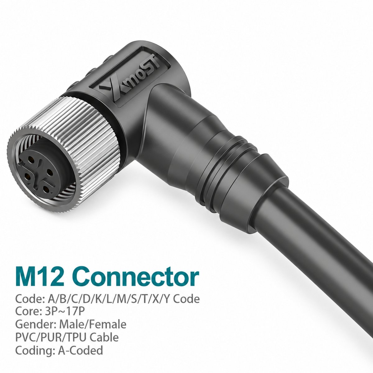M12 A-Coded Female 90° Right-Angle Unshielded Molded Cable Connector M12 A-Coded Female 90° Right-Angle Unshielded Molded Cable Connector - Image 2