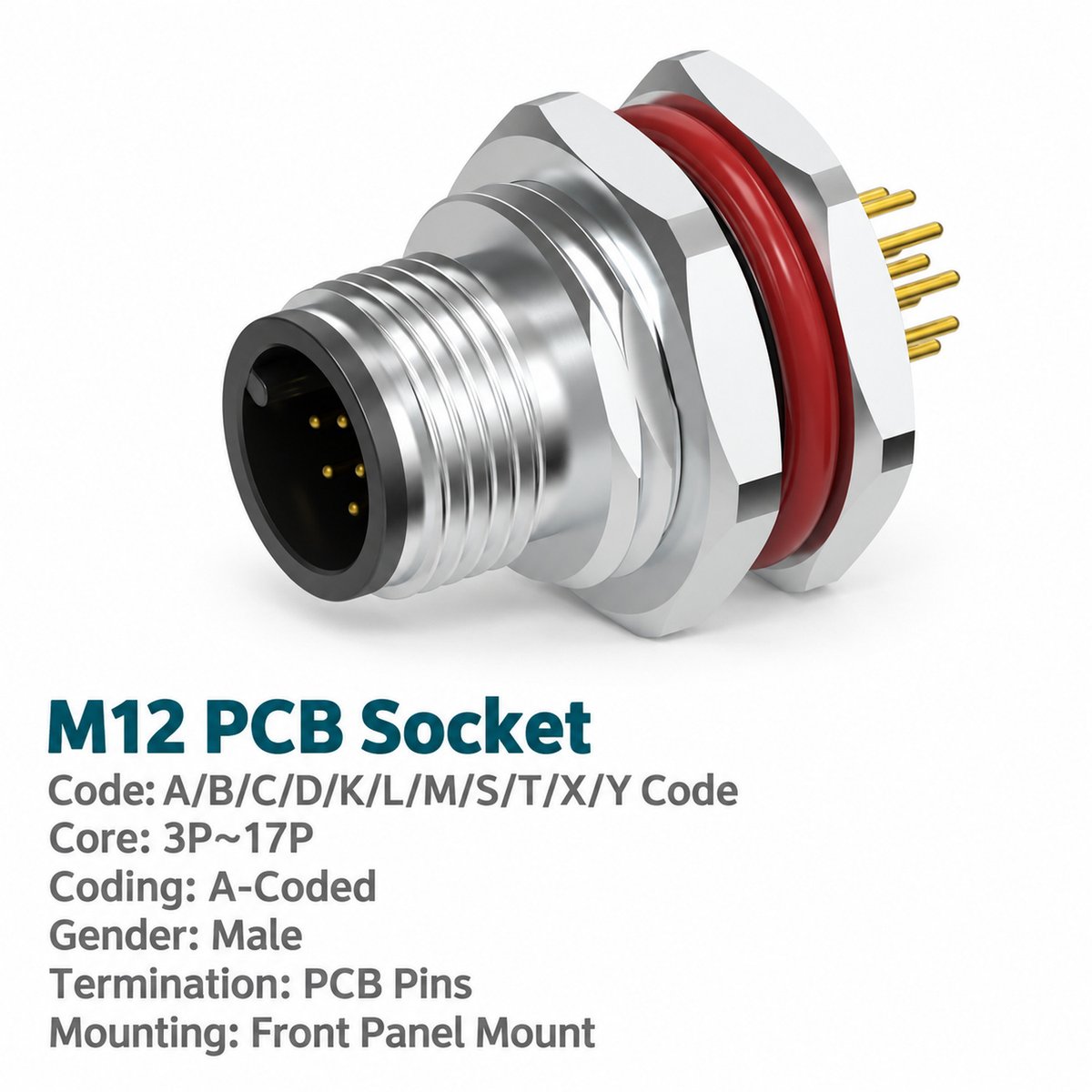 M12 A-Coded Male Front Mount PCB Connector, 3–17 Pin, Grounding Options M12 A-Coded Male Front Mount PCB Connector, 3–17 Pin, Grounding Options - Image 2
