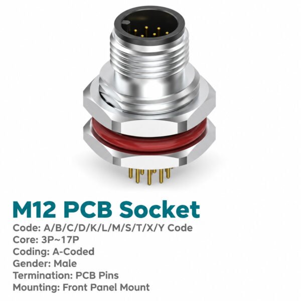 M12 A-Coded Male Front Mount PCB Connector, 3–17 Pin, Grounding Options
