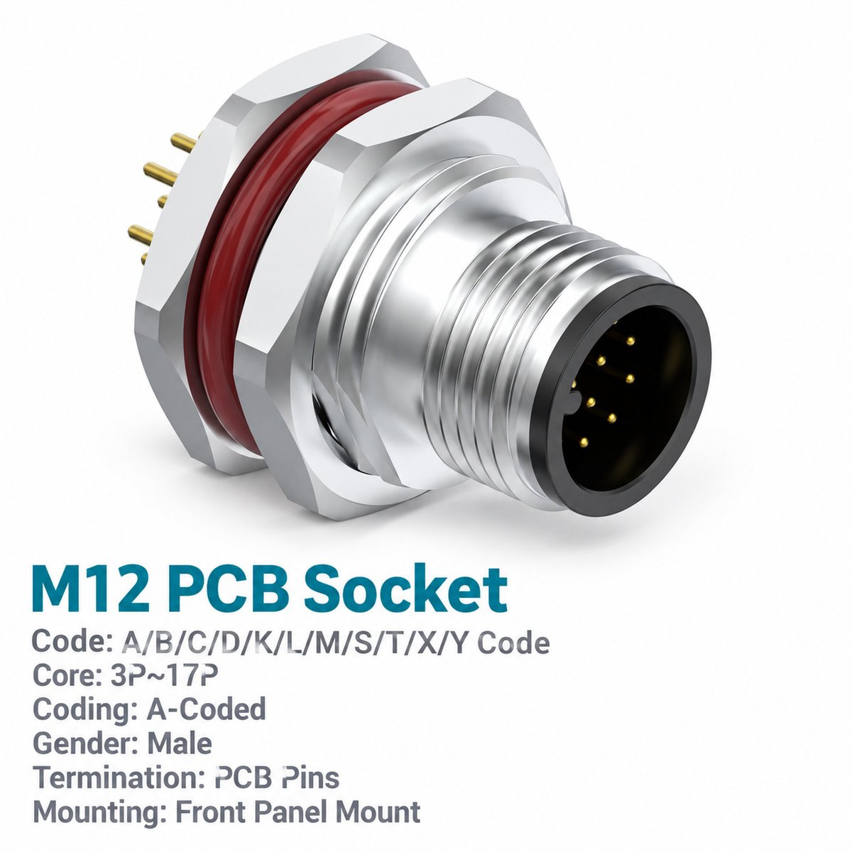 M12 A-Coded Male Front Mount PCB Connector, 3–17 Pin, Grounding Options M12 A-Coded Male Front Mount PCB Connector, 3–17 Pin, Grounding Options - Image 3