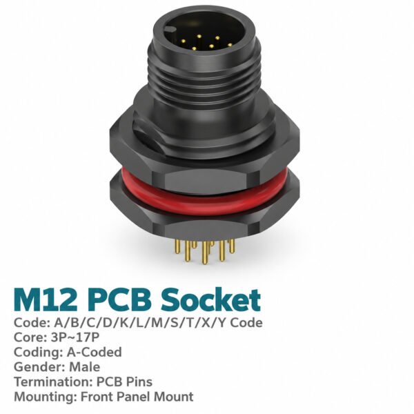 M12 A-Coded Male Plastic PCB Panel Connector, 3–17 Pin for Sensors & Actuators