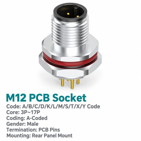M12 A-Coded Male Rear Mount PCB Connector, 3–17 Pin for Industrial Control