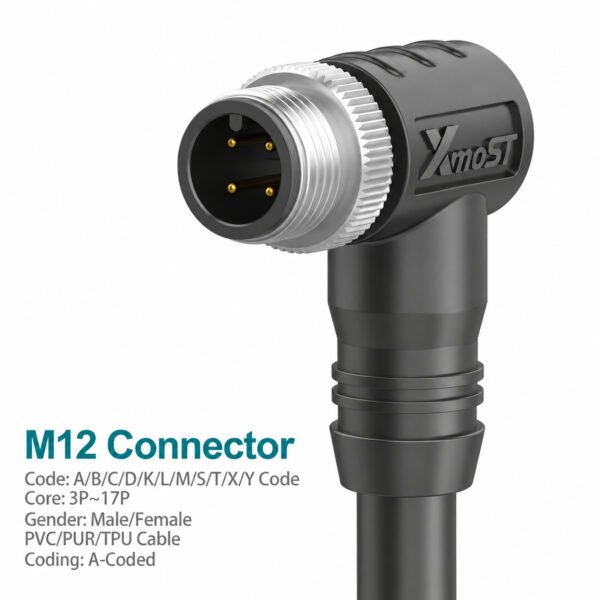 M12 A-Coded Male 90° Right-Angle Unshielded Molded Cable Connector