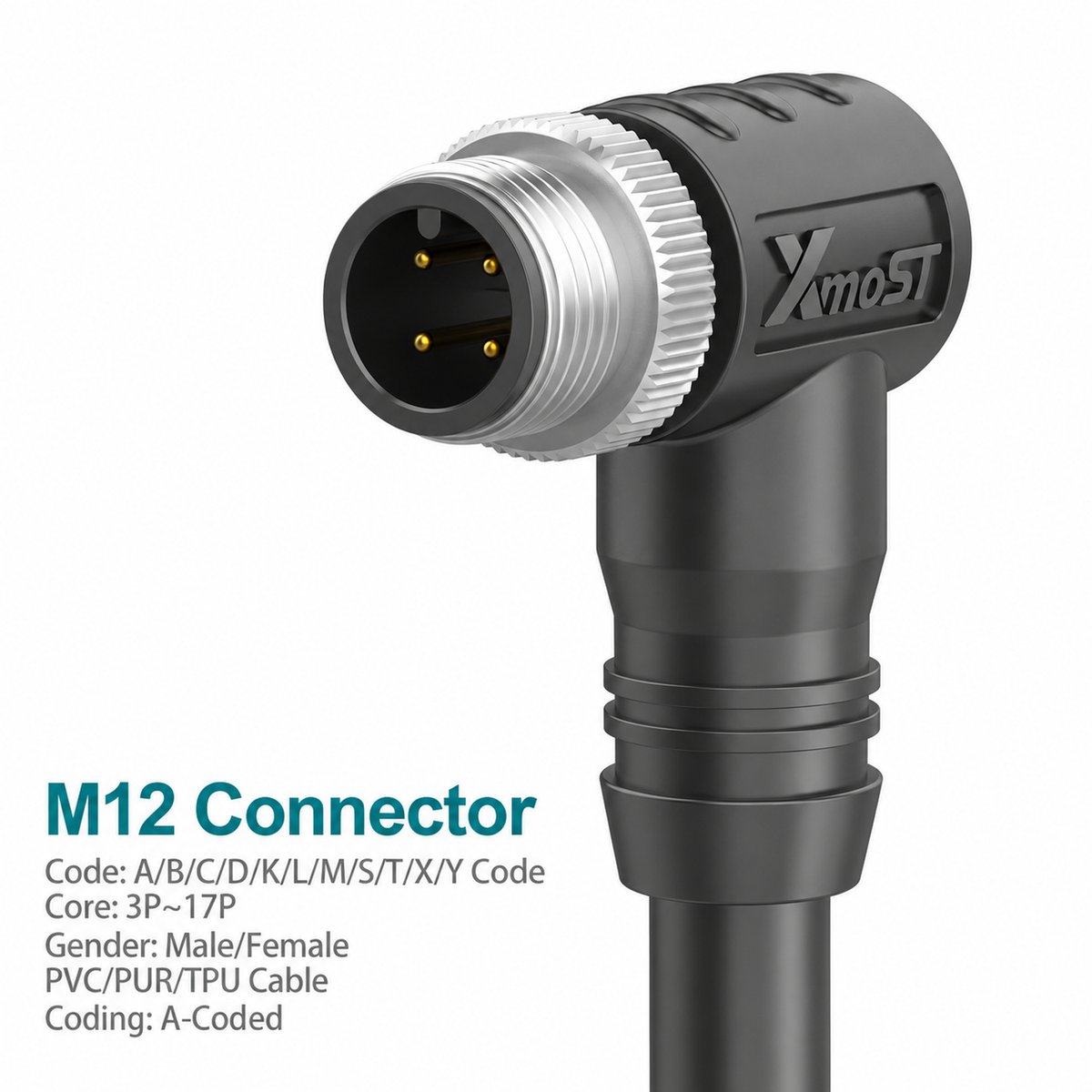M12 A-Coded Male 90° Right-Angle Unshielded Molded Cable Connector M12 A-Coded Male 90° Right-Angle Unshielded Molded Cable Connector