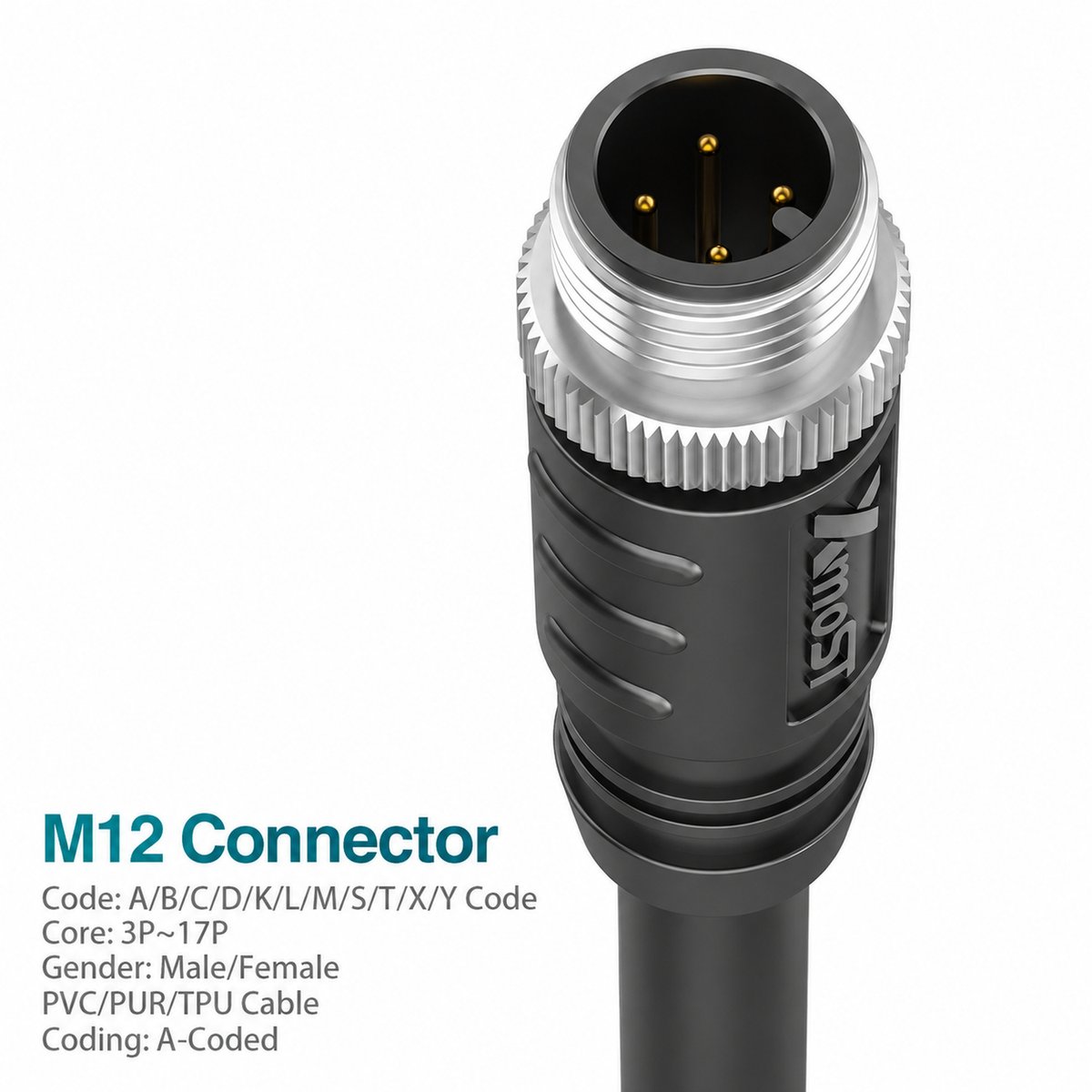 M12 A-Coded Male Straight Shielded Molded Cable Connector M12 A-Coded Male Straight Shielded Molded Cable Connector