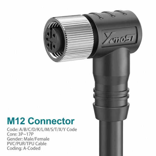M12 A-Coded Female 90° Right-Angle Shielded Molded Cable Connector