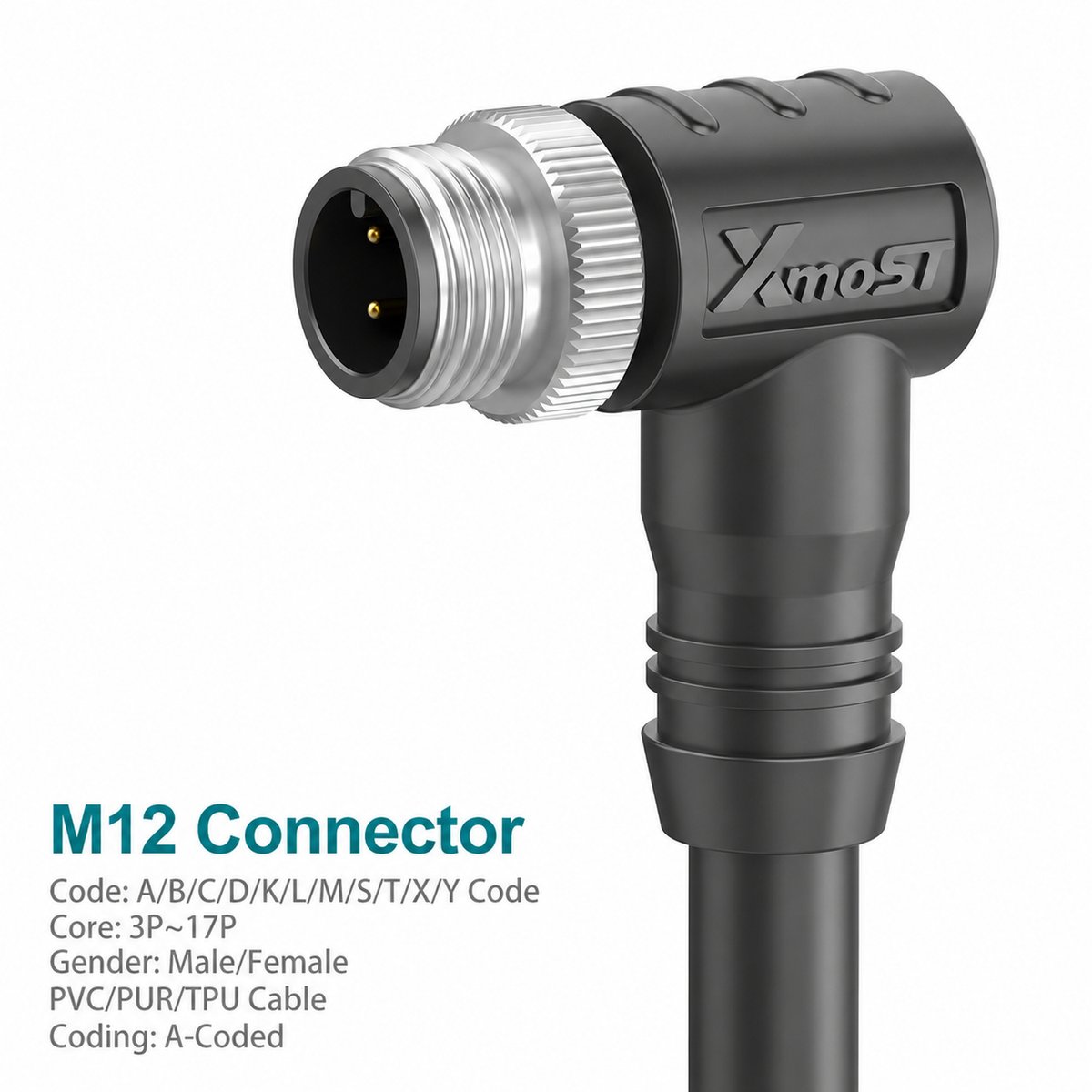 M12 A-Coded Male 90° Right-Angle Shielded Molded Cable Connector M12 A-Coded Male 90° Right-Angle Shielded Molded Cable Connector - Image 2