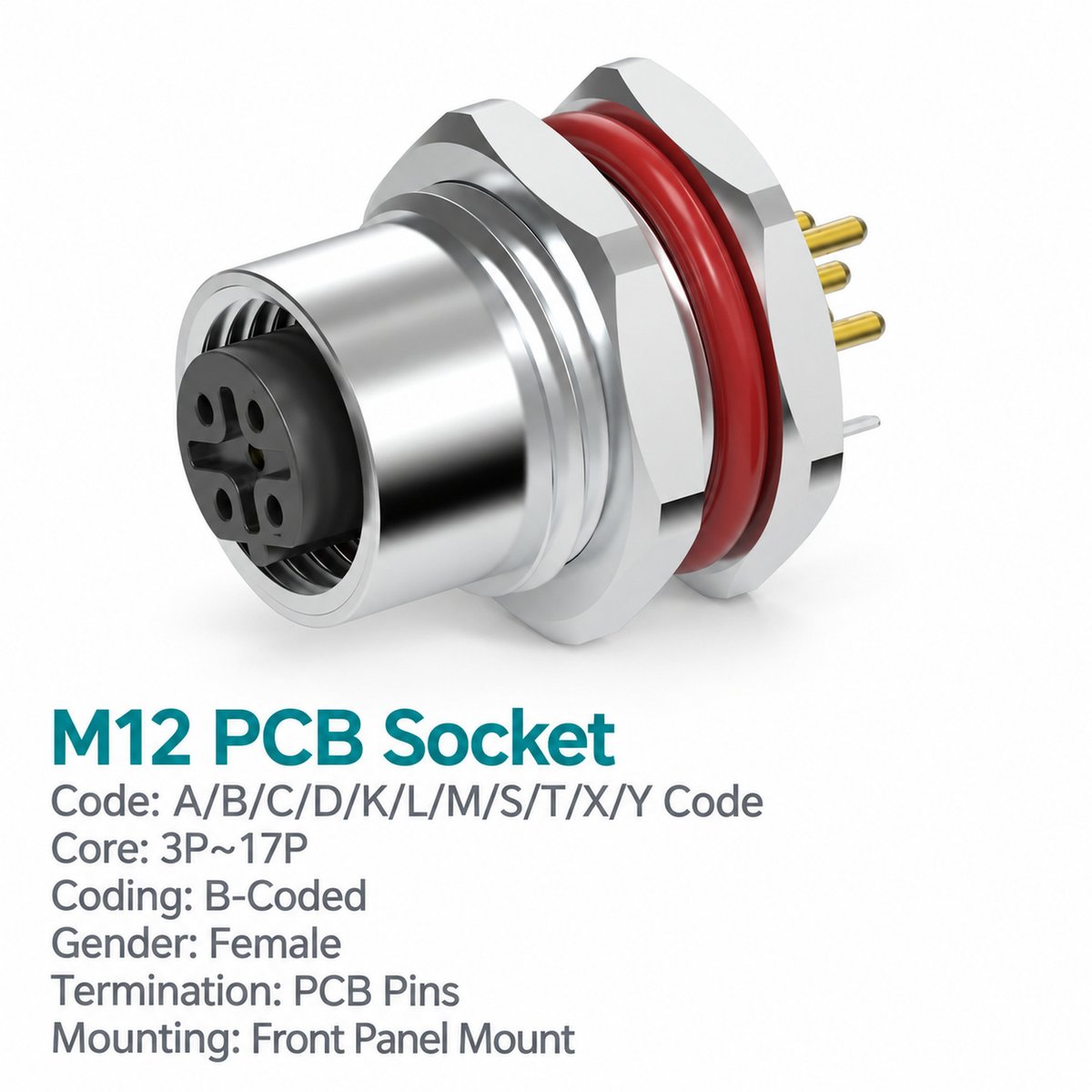 M12 B-Coded Female Front Mount PCB Socket, 5-Pin PROFIBUS, Grounding Options M12 B-Coded Female Front Mount PCB Socket, 5-Pin PROFIBUS, Grounding Options - Image 2