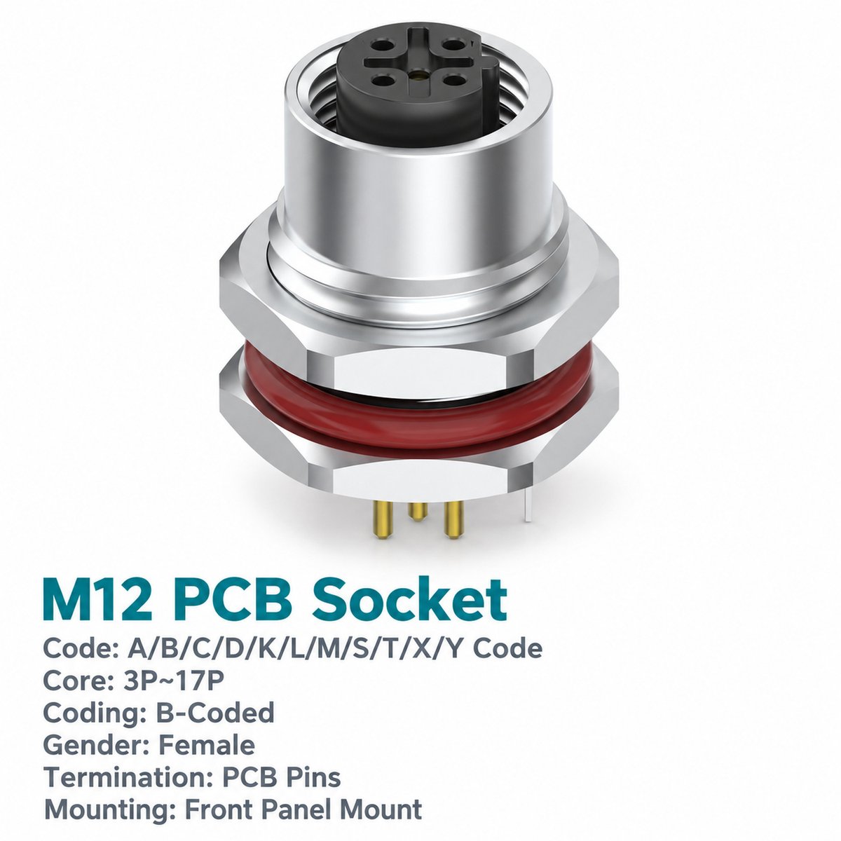 M12 B-Coded Female Front Mount PCB Socket, 5-Pin PROFIBUS, Grounding Options M12 B-Coded Female Front Mount PCB Socket, 5-Pin PROFIBUS, Grounding Options