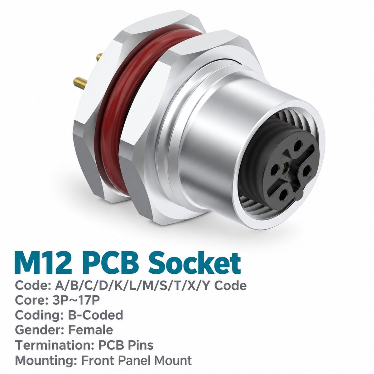 M12 B-Coded Female Front Mount PCB Socket, 5-Pin PROFIBUS, Grounding Options M12 B-Coded Female Front Mount PCB Socket, 5-Pin PROFIBUS, Grounding Options - Image 3