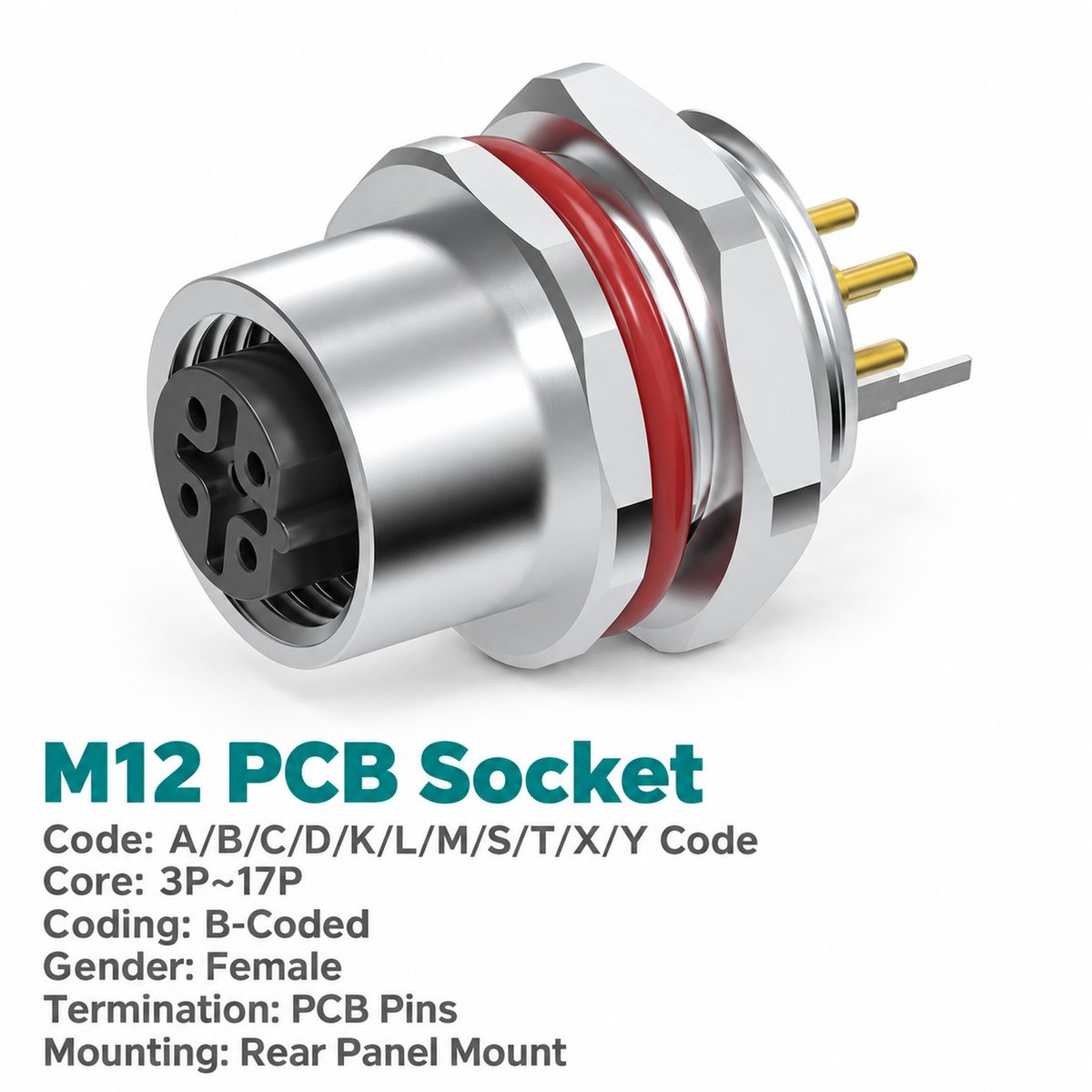 M12 B-Coded Female Rear Mount PCB Socket, 5-Pin PROFIBUS, Grounding Options M12 B-Coded Female Rear Mount PCB Socket, 5-Pin PROFIBUS, Grounding Options - Image 2