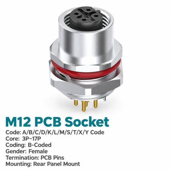 M12 B-Coded Female Rear Mount PCB Socket, 5-Pin PROFIBUS, Grounding Options