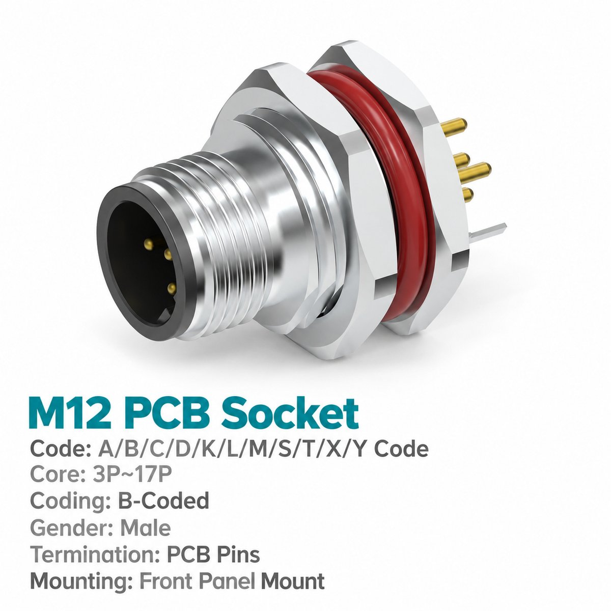 M12 B-Coded Male Front Mount PCB Connector, 5-Pin PROFIBUS, Grounding Options M12 B-Coded Male Front Mount PCB Connector, 5-Pin PROFIBUS, Grounding Options - Image 2