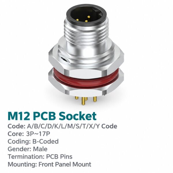 M12 B-Coded Male Front Mount PCB Connector, 5-Pin PROFIBUS, Grounding Options