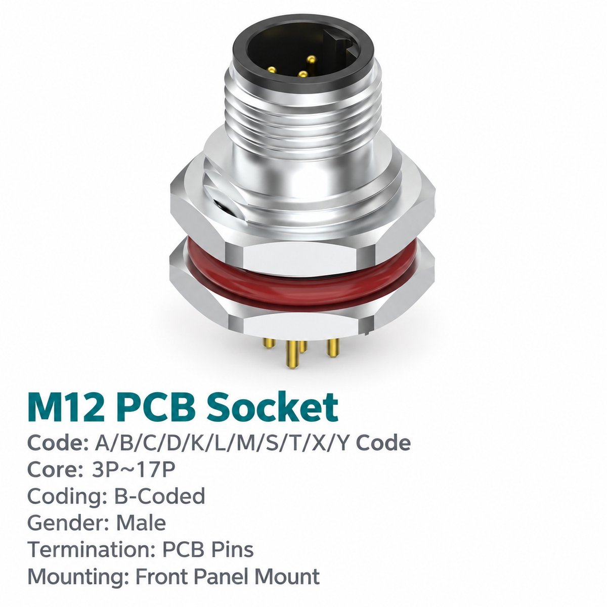 M12 B-Coded Male Front Mount PCB Connector, 5-Pin PROFIBUS, Grounding Options M12 B-Coded Male Front Mount PCB Connector, 5-Pin PROFIBUS, Grounding Options