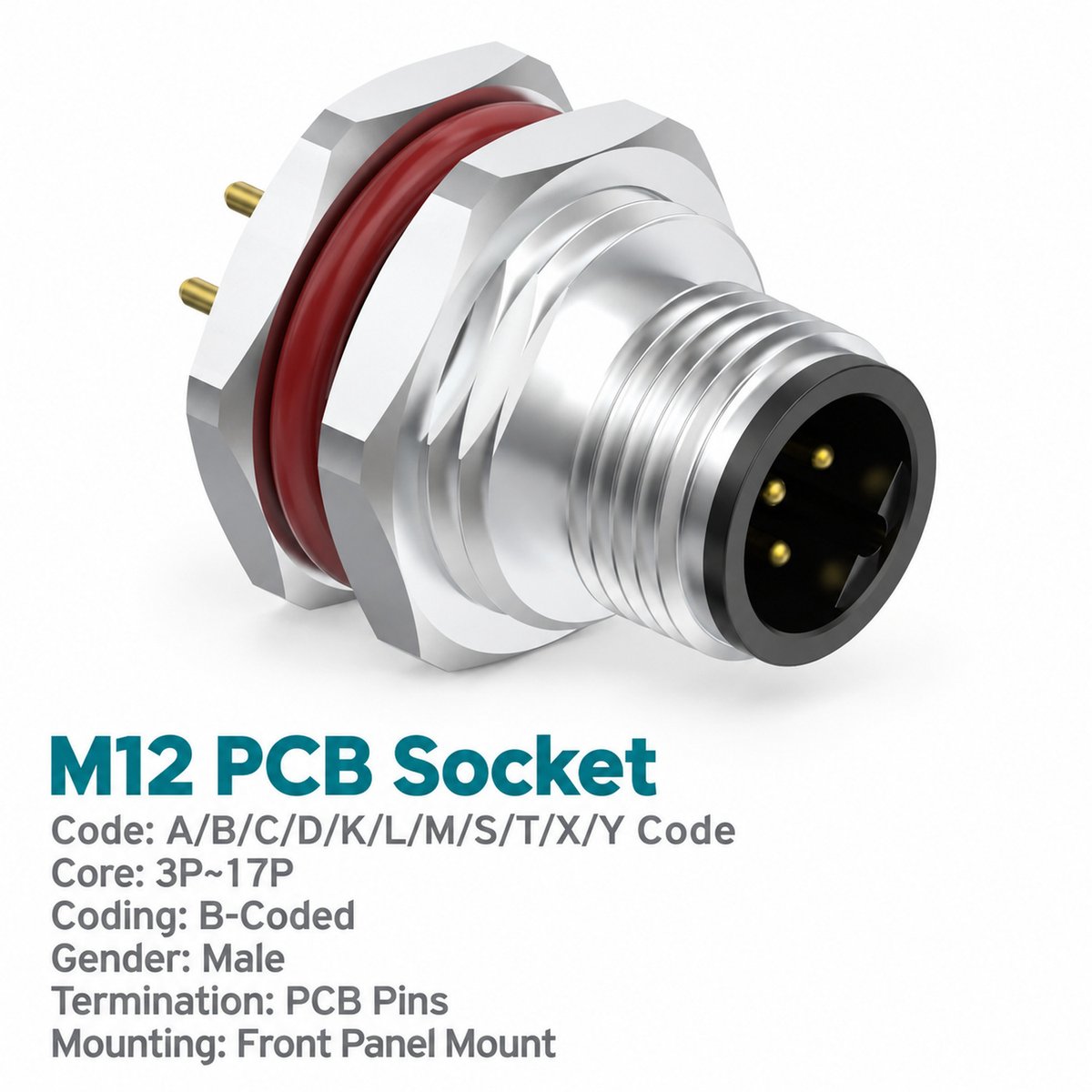 M12 B-Coded Male Front Mount PCB Connector, 5-Pin PROFIBUS, Grounding Options M12 B-Coded Male Front Mount PCB Connector, 5-Pin PROFIBUS, Grounding Options - Image 3