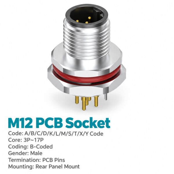 M12 B-Coded Male Rear Mount PCB Connector, 5-Pin PROFIBUS, Grounding Options