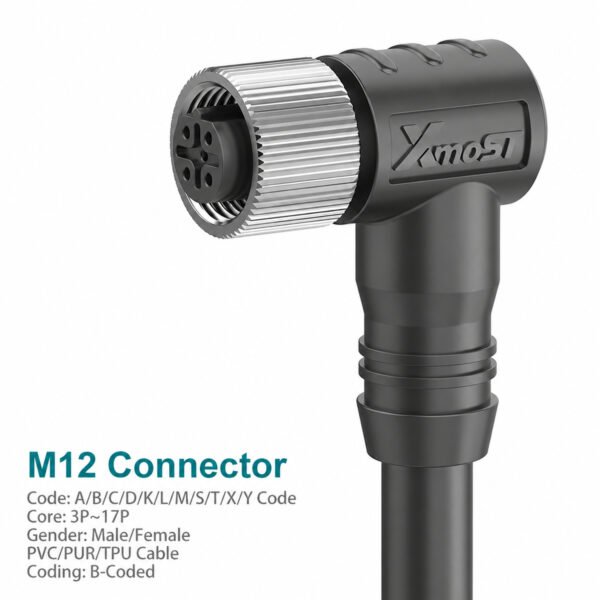 M12 B-Coded Female 90° Right-Angle Shielded PROFIBUS Cable Connector