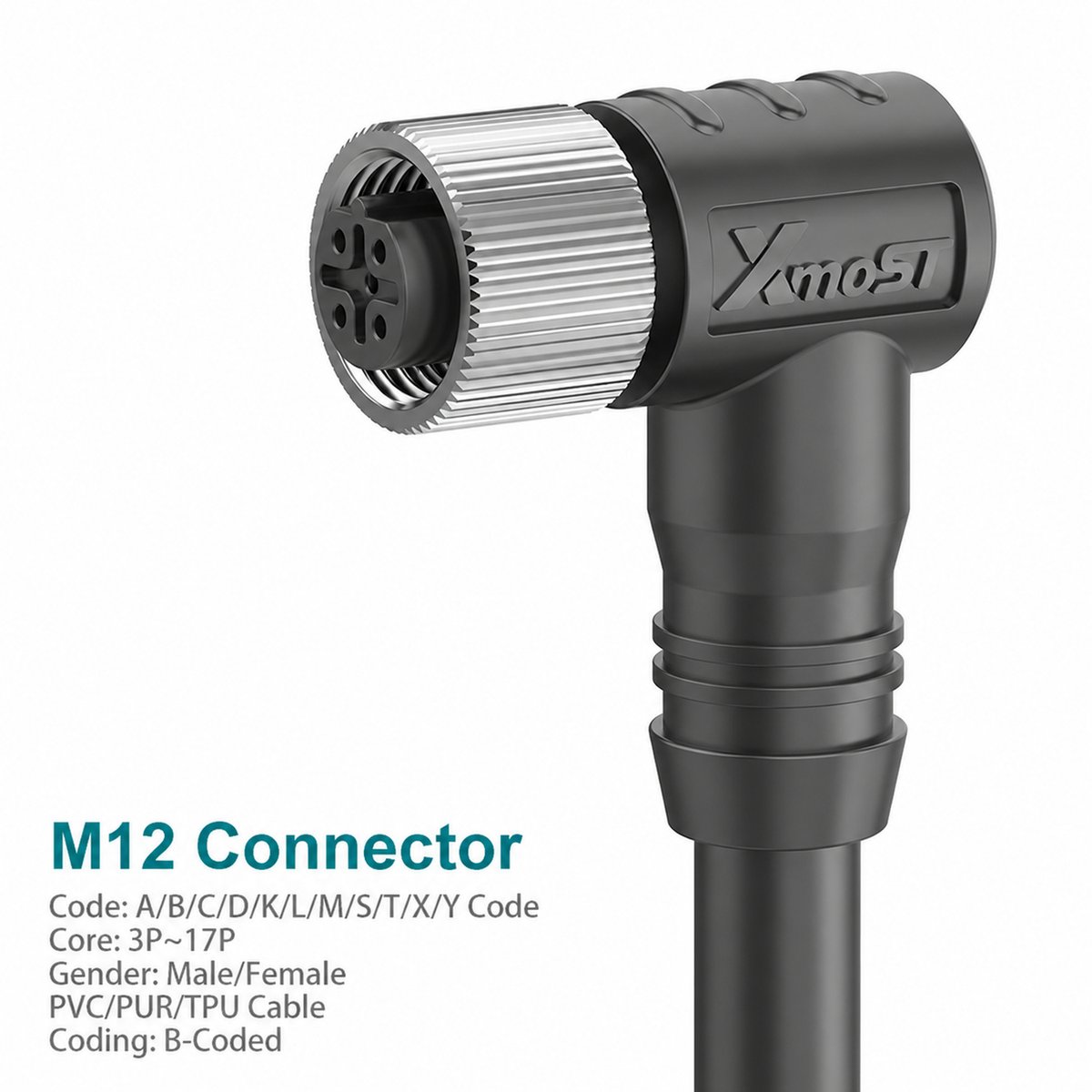 M12 B-Coded Female 90° Right-Angle Shielded PROFIBUS Cable Connector M12 B-Coded Female 90° Right-Angle Shielded PROFIBUS Cable Connector