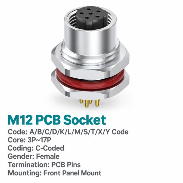 M12 C-Coded Female Front Mount PCB Power Socket, 3–6 Pin, Shielding Options
