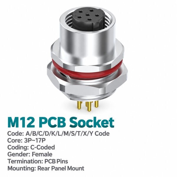 M12 C-Coded Female Rear Mount PCB Power Socket, 3–6 Pin, Shielding Options
