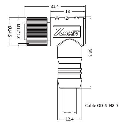M12 C-Coded Female Right-Angle Power Cable Connector, Unshielded