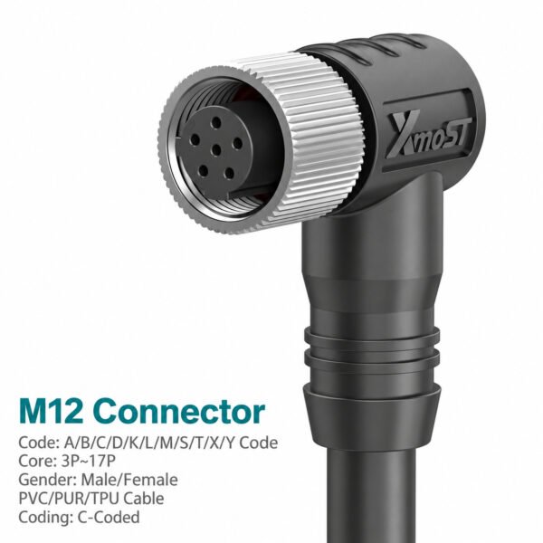 M12 C-Coded Female Right-Angle Power Cable Connector, Unshielded