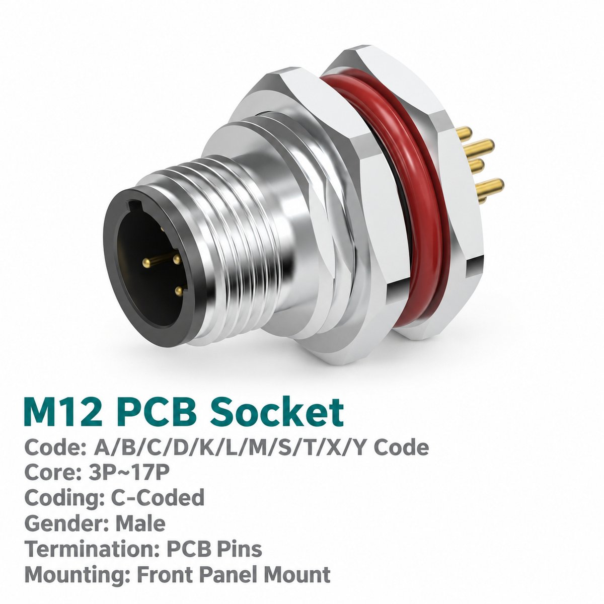 M12 C-Coded Male Front Mount PCB Power Connector, 3–6 Pin, Shielding Options M12 C-Coded Male Front Mount PCB Power Connector, 3–6 Pin, Shielding Options - Image 2