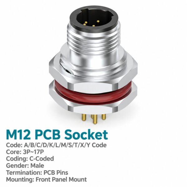 M12 C-Coded Male Front Mount PCB Power Connector, 3–6 Pin, Shielding Options