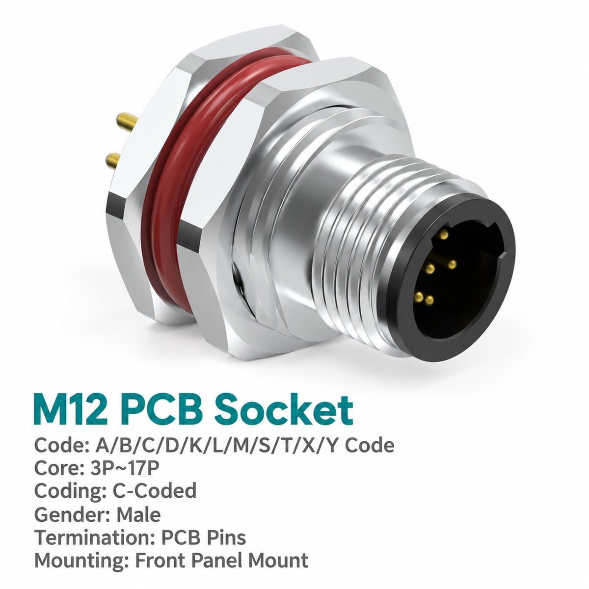 M12 C-Coded Male Front Mount PCB Power Connector, 3–6 Pin, Shielding Options M12 C-Coded Male Front Mount PCB Power Connector, 3–6 Pin, Shielding Options - Image 3