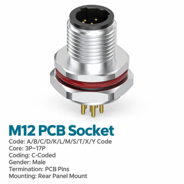 M12 C-Coded Male Rear Mount PCB Power Connector, 3–6 Pin, Shielding Options