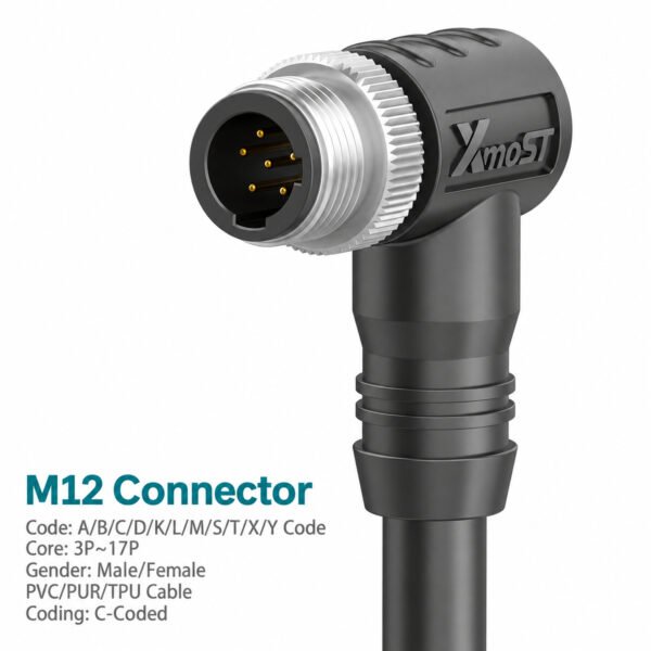 M12 C-Coded Male 90° Molded Single-Ended Power Cable Connector, Unshielded
