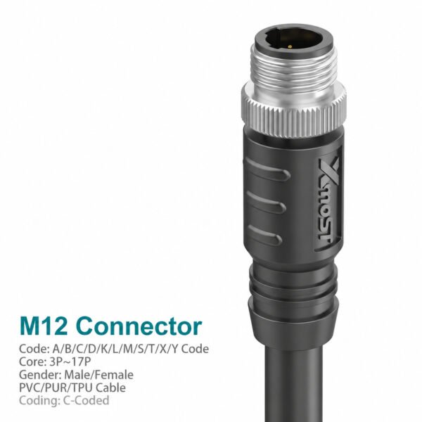 M12 C-Coded Male Molded Single-Ended Power Cable Connector, Unshielded