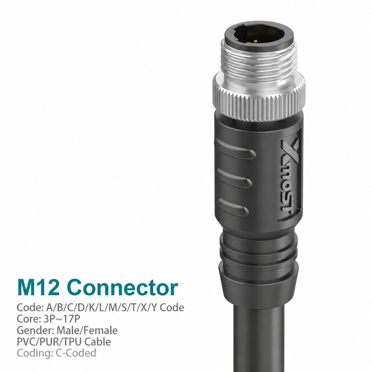 M12 C-Coded Male Molded Single-Ended Power Cable Connector, Unshielded M12 C-Coded Male Molded Single-Ended Power Cable Connector, Unshielded