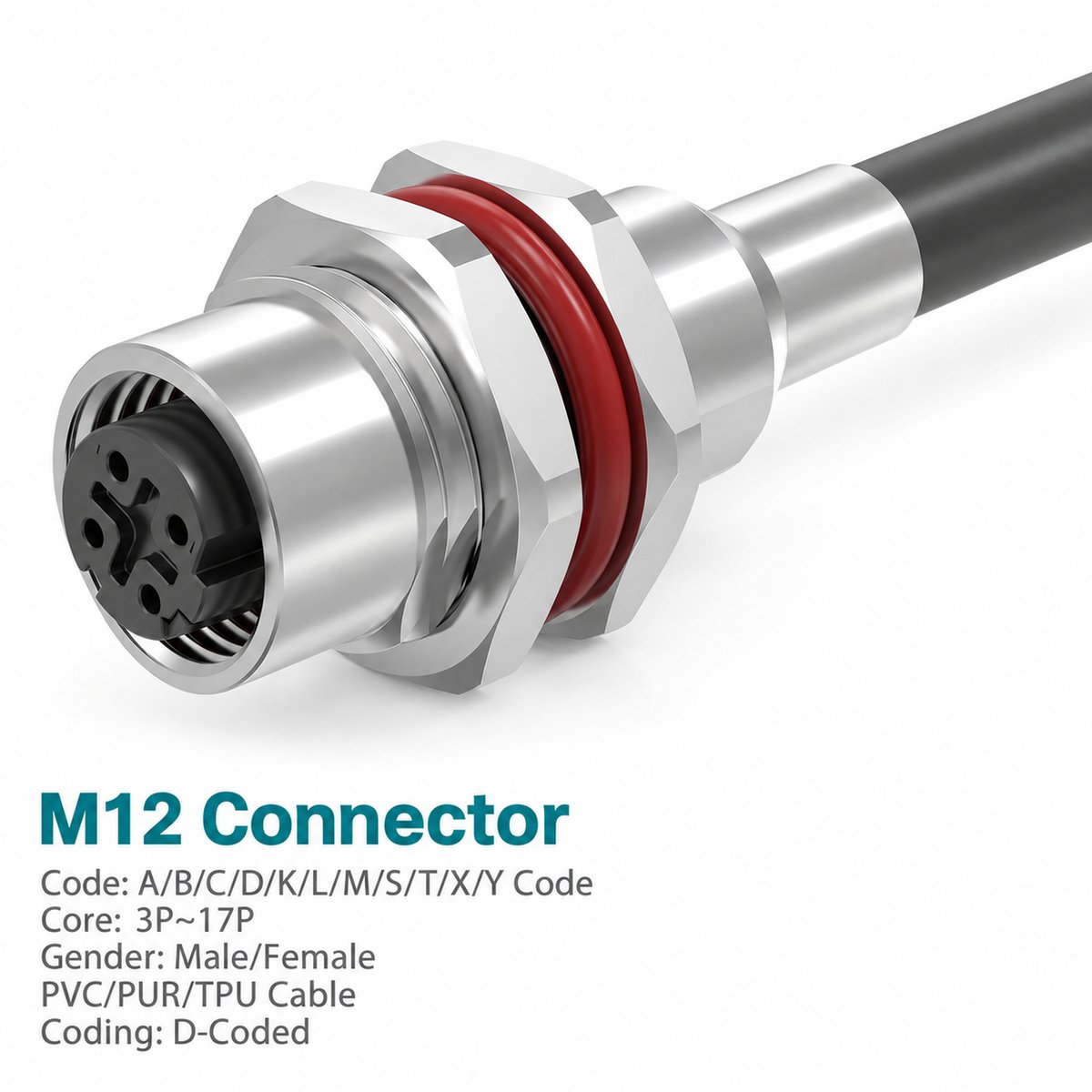 M12 D-Coded Female Metal Panel-Mount CAT5e Shielded PROFINET Cable Receptacle M12 D-Coded Female Metal Panel-Mount CAT5e Shielded PROFINET Cable Receptacle - Image 2