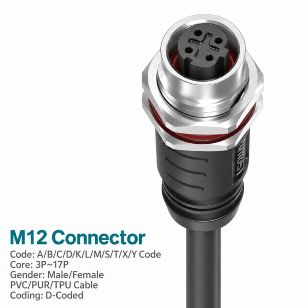 M12 D-Coded Female Panel-Mount CAT5e Shielded PROFINET Cable Connector