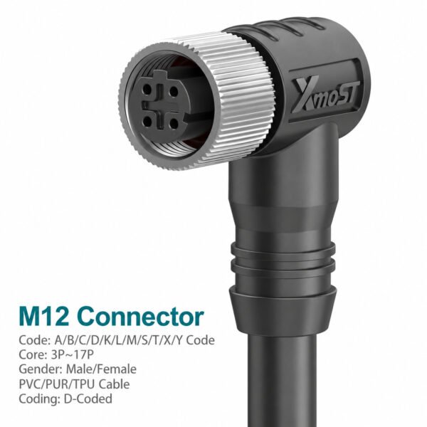 M12 D-Coded Female 90° Right-Angle CAT5e Shielded PROFINET Cable Connector