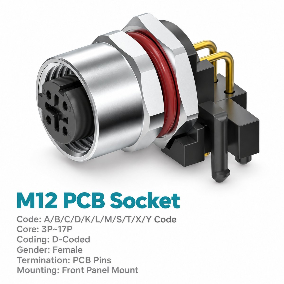M12 D-Coded Female Front Mount Right Angle PCB Socket, 4-Pin Ethernet M12 D-Coded Female Front Mount Right Angle PCB Socket, 4-Pin Ethernet - Image 2