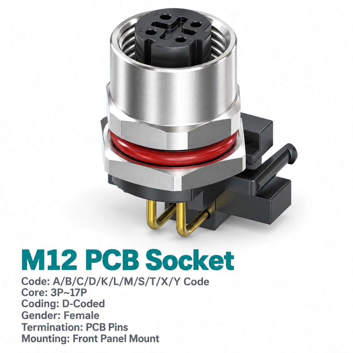 M12 D-Coded Female Front Mount Right Angle PCB Socket, 4-Pin Ethernet M12 D-Coded Female Front Mount Right Angle PCB Socket, 4-Pin Ethernet