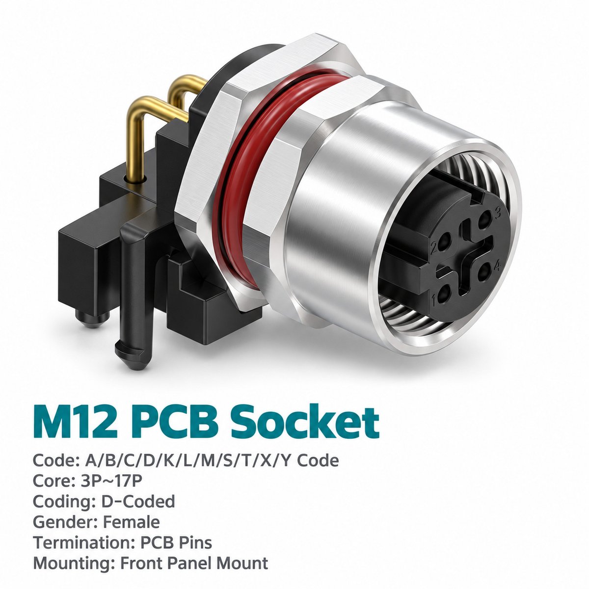 M12 D-Coded Female Front Mount Right Angle PCB Socket, 4-Pin Ethernet M12 D-Coded Female Front Mount Right Angle PCB Socket, 4-Pin Ethernet - Image 3