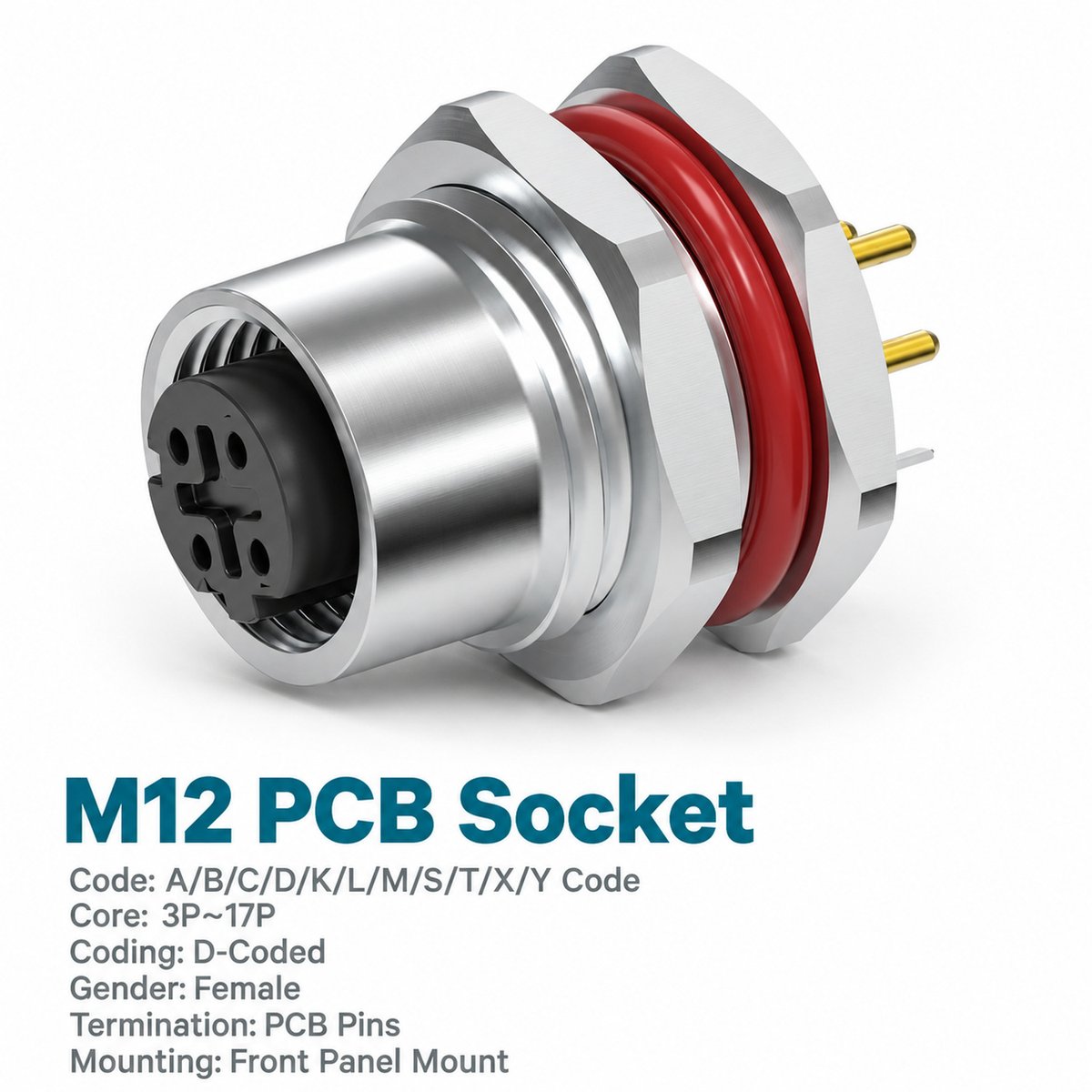 M12 D-Coded Female Front Mount PCB Socket, 4-Pin PROFINET / Ethernet M12 D-Coded Female Front Mount PCB Socket, 4-Pin PROFINET / Ethernet - Image 2