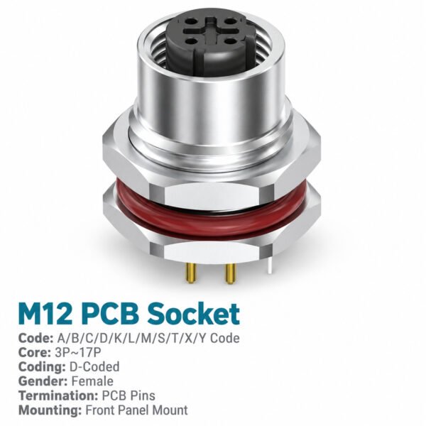 M12 D-Coded Female Front Mount PCB Socket, 4-Pin PROFINET / Ethernet
