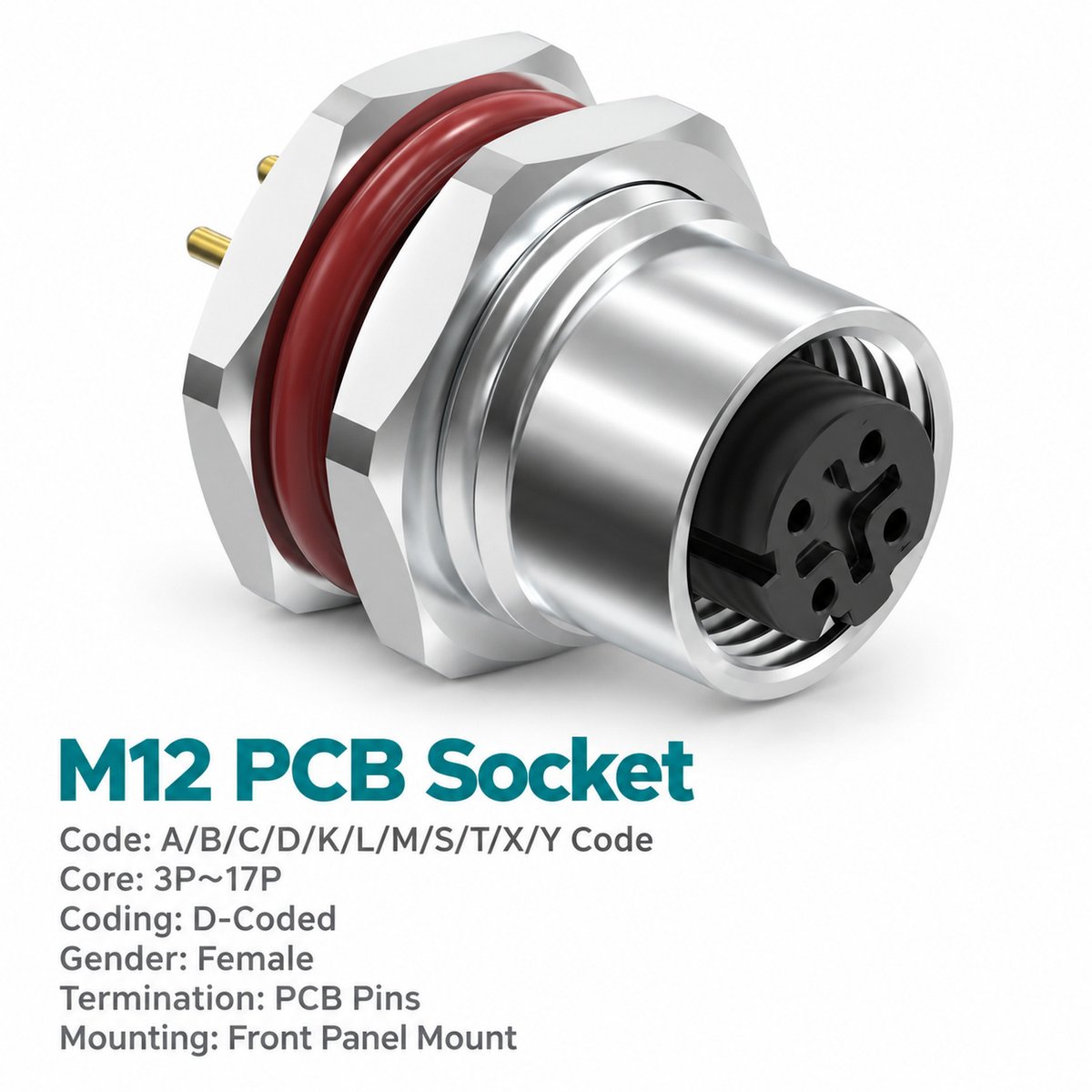 M12 D-Coded Female Front Mount PCB Socket, 4-Pin PROFINET / Ethernet M12 D-Coded Female Front Mount PCB Socket, 4-Pin PROFINET / Ethernet - Image 3