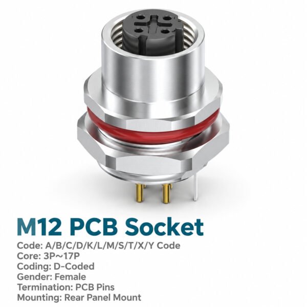 M12 D-Coded Female Rear Mount PCB Socket, 4-Pin PROFINET / Ethernet