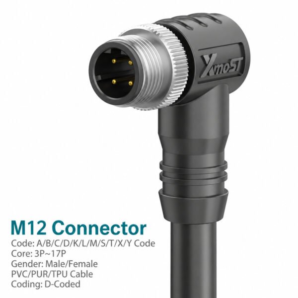 M12 D-Coded Male 90° Right-Angle CAT5e Shielded PROFINET Cable Connector