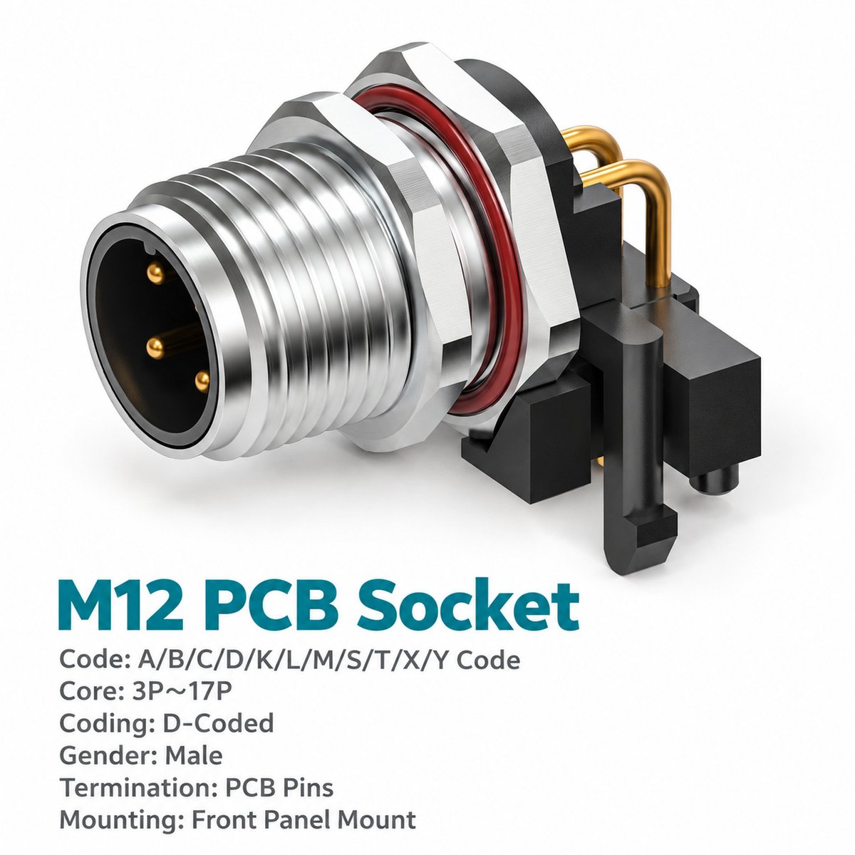 M12 D-Coded Male Front Mount Right Angle PCB Connector, 4-Pin Ethernet M12 D-Coded Male Front Mount Right Angle PCB Connector, 4-Pin Ethernet - Image 2